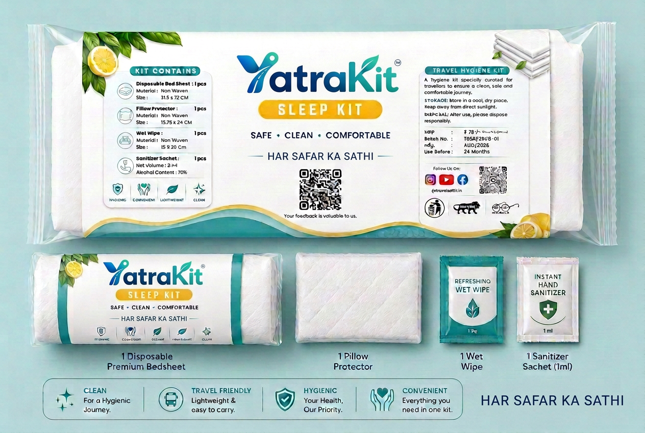 YatraKit Sleep Kit with a disposable bed sheet, pillow protector, wet wipe and sanitizer sachet